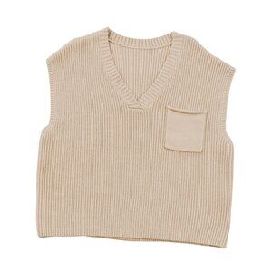 Apricot Chest Pocket V Neck Ribbed Cap Sleeve Sweater